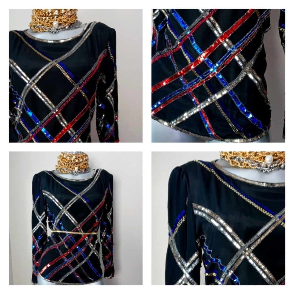 "ARGENTI" VinTage 100% Silk Sequins & Beads Cocktail Top - Picture 12 of 16